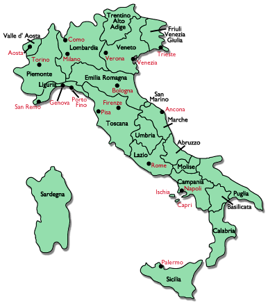 map of Italy or Italian map showing regions....clipart provided by www.graphicmaps.com